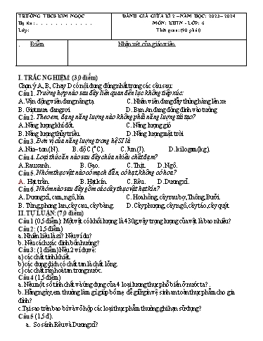 Đề đánh giá giữa kì 2 Khoa học tự nhiên Lớp 6 - Năm học 2023-2024 - Trường THCS Kim Ngọc (Có đáp án)