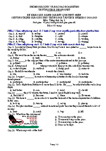 Đề khảo sát, đánh giá kết quả thực hiện chương trình giáo dục phổ thông 2018 cấp THCS môn Tiếng Anh Lớp 9 - Năm học 2024-2025 - Trường THCS Phong Phú (Có đáp án)