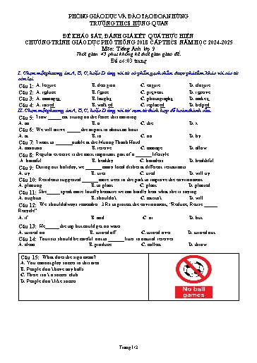 Đề khảo sát, đánh giá kết quả thực hiện chương trình giáo dục phổ thông 2018 cấp THCS môn Tiếng Anh Lớp 9 - Năm học 2024-2025 - Trường THCS Hùng Quan (Có đáp án)
