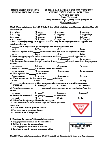 Đề khảo sát, đánh giá kết quả thực hiện chương trình giáo dục phổ thông 2018 cấp THCS môn Tiếng Anh Lớp 9 - Năm học 2024-2025 - Trường THCS Sóc Đăng (Có đáp án)