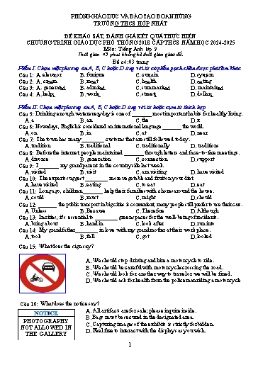 Đề khảo sát, đánh giá kết quả thực hiện chương trình giáo dục phổ thông 2018 cấp THCS môn Tiếng Anh Lớp 9 - Năm học 2024-2025 - Trường THCS Hợp Nhất (Có đáp án)