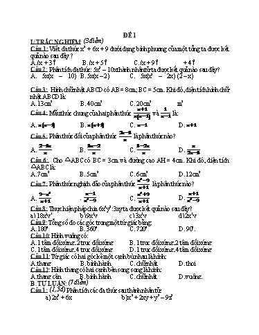Đề ôn tập môn Toán Lớp 8